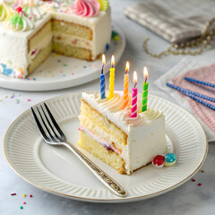 slice of birthday cake on a plate-with a fork