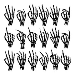 Black and white vector illustration of skeleton hands making various gestures and signs. The bony structures of fingers and wrists are detailed, creating a striking anatomical design.
