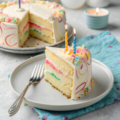 slice of birthday cake on a plate-with a fork