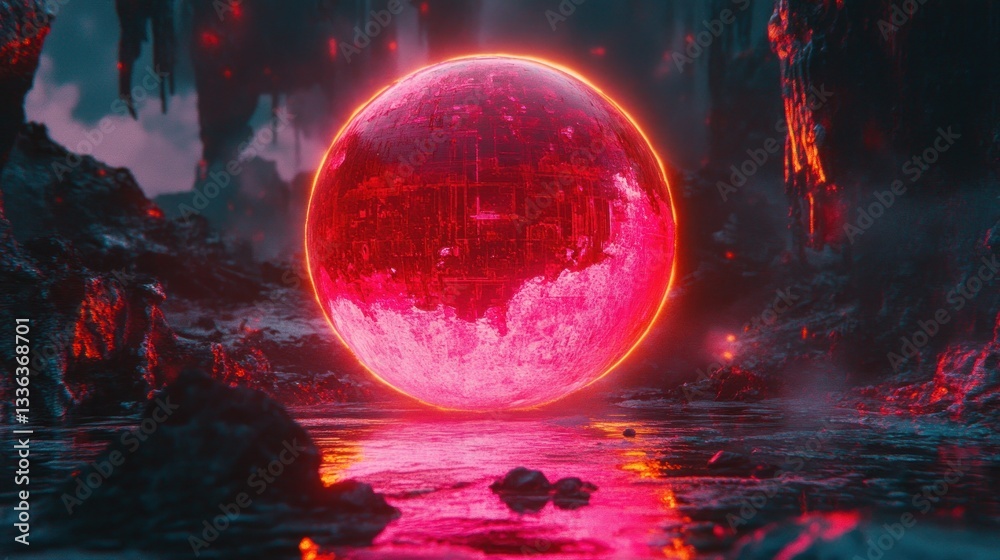 Poster A vibrant glowing red orb centered in a desolate landscape setting