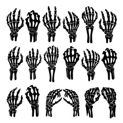 Black and white vector illustration of skeleton hands making various gestures and signs. The bony structures of fingers and wrists are detailed, creating a striking anatomical design.