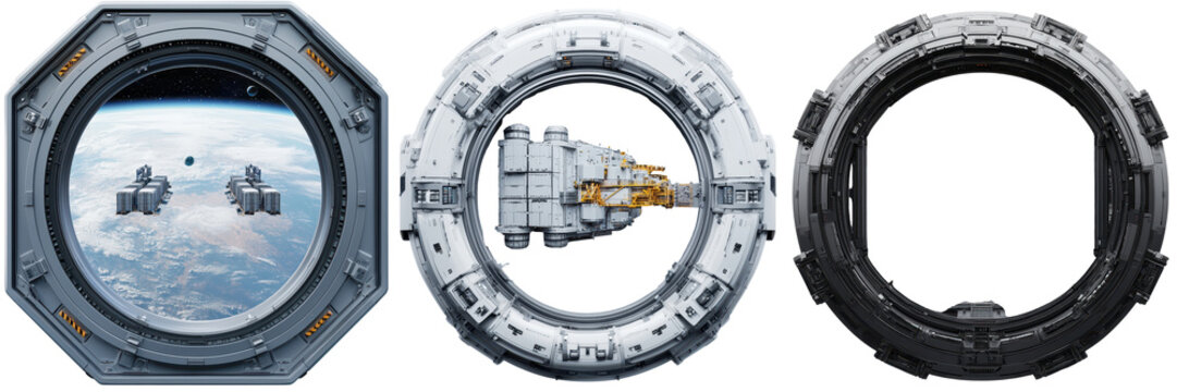 A close up view of the interior of a spacecraft with a circular window offering a panoramic vista of the Earth s atmosphere and horizon from an orbital perspective