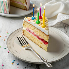 slice of birthday cake on a plate-with a fork
