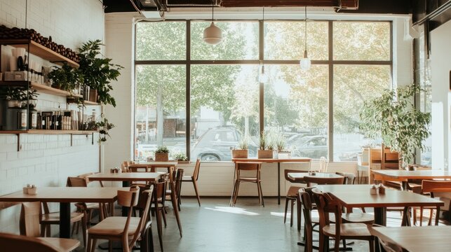Bright cafe interior with large windows, empty tables, and sunlight. Perfect for showcasing cafe atmosphere