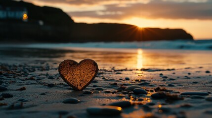 Fototapeta premium A heart shaped object on a beach with a sunset backdrop