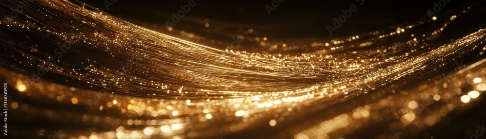 Poster wavy golden strands with tiny shimmering particles against dark background