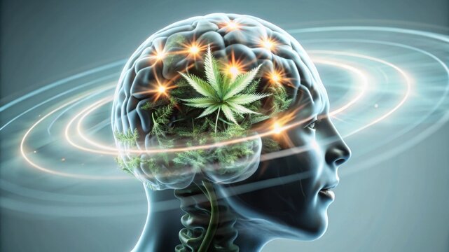 A surreal illustration of a human head with a brain surrounded by swirling lights and a cannabis leaf, symbolizing mental expansion and consciousness.