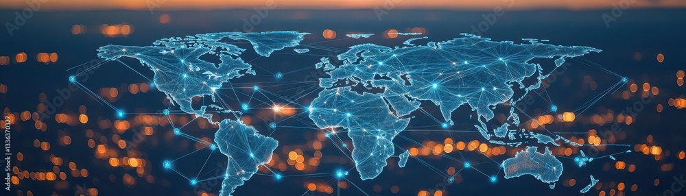 Poster a world map with global network connections on the background of city lights at night