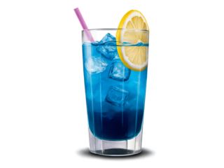 Refreshing Blue Lagoon Cocktail with Lemon Slice and Pink Straw in Tall Glass