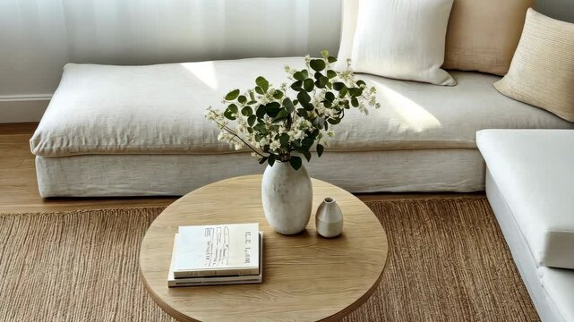 Cozy minimalist living room decor with neutral tones, featuring stylish sofa, round wooden coffee table, and vase of fresh flowers for serene atmosphere.
