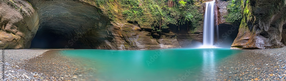 Poster a serene turquoise pool fed by cascading waterfall and rock formations