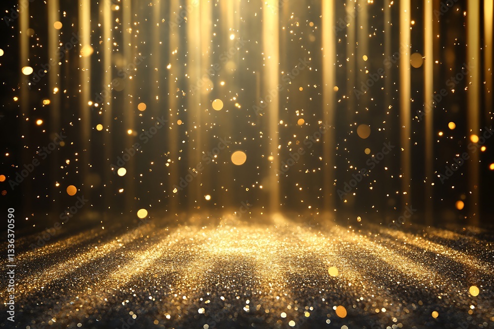 Poster golden glitter background with light rays.