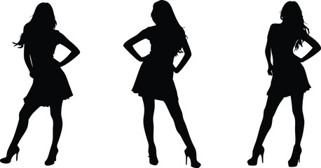 Fashion Trio: Captivating silhouettes of stylish women, each posing with confident elegance in a chic array of dresses.