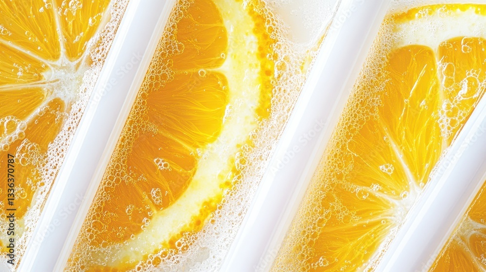 Poster Close up of orange slices in sparkling liquid inside clear containers