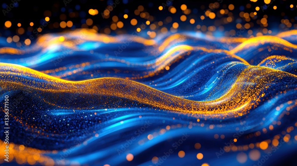 Poster Abstract illustration depicting glowing waves with illuminated particles floating around