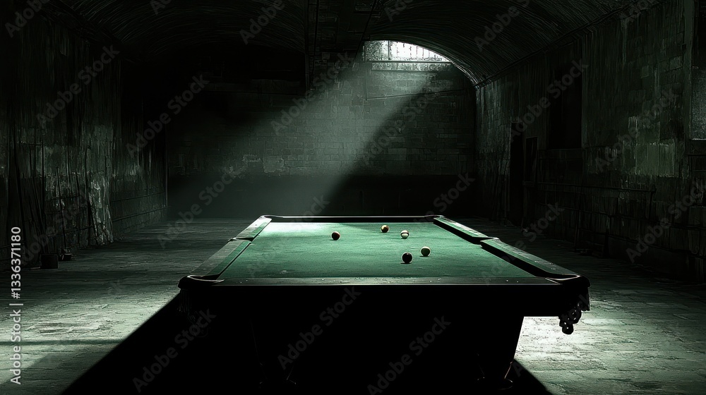 Poster a pool table illuminated by sunlight within a dark chamber