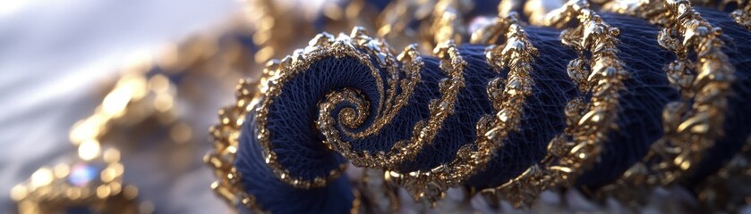 An ornate spiral of blue material with gold embellishments is featured
