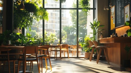 Sunny cafe interior with plants, city view. Potential stock photo use