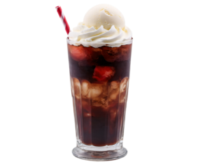 Refreshing cherry cola float with a creamy vanilla ice cream scoop and a striped straw in a tall clear glass, ideal for a hot summer day