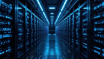 Obraz premium Futuristic Blue LED Data Center Server Racks - High-Tech IT Infrastructure Digital Solutions Marketing Materials