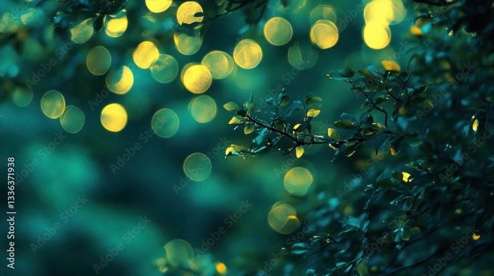 Poster Illuminated bokeh lights blend softly with tree branches and foliage