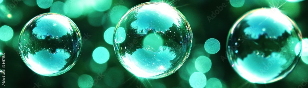 Poster three clear bubbles reflecting light in a green background