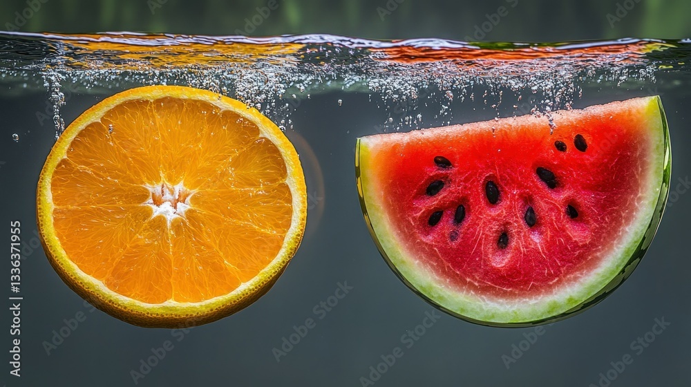 Poster Orange slice and watermelon wedge submerged in water creating bubbles