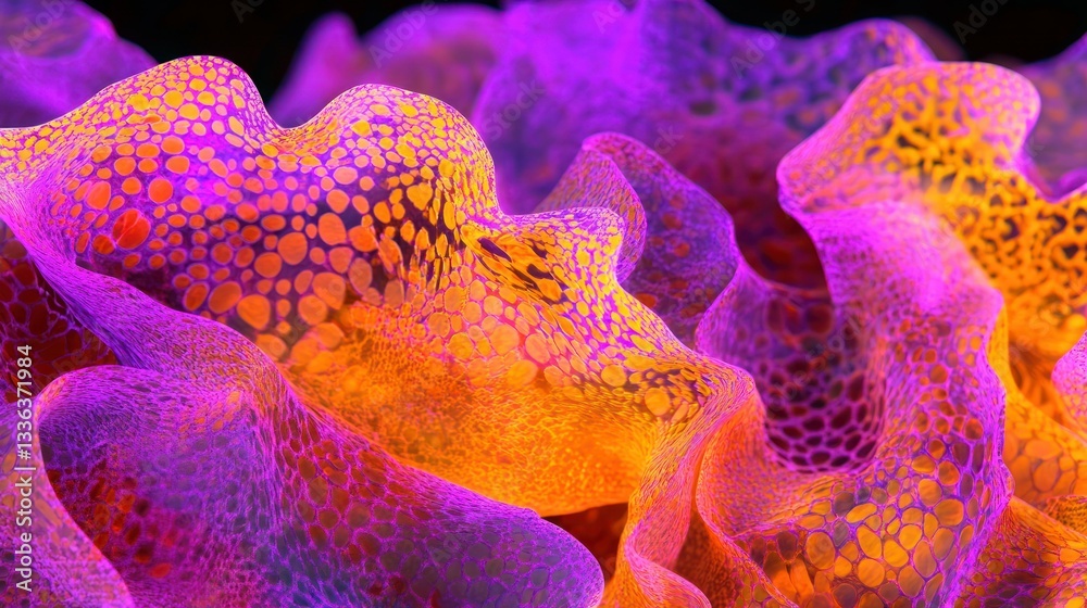 Poster Abstract rendered shapes with complex cellular patterns and vibrant color gradients
