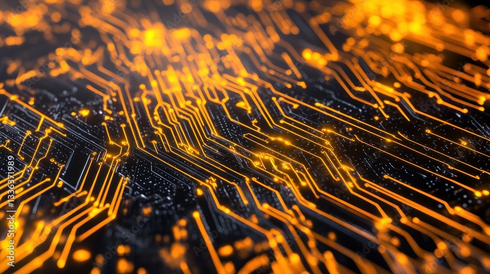 Poster Illuminated electrical circuits and pathways illustrate advanced technological processes