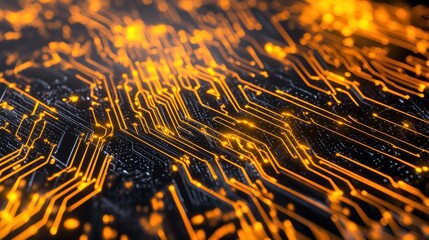 Illuminated electrical circuits and pathways illustrate advanced technological processes