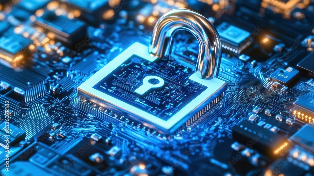 Poster a glowing digital lock appears over a circuit board background