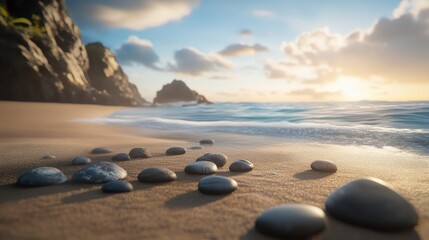 Serene Beach Scene with Smooth Stones and Gentle Waves at Sunset