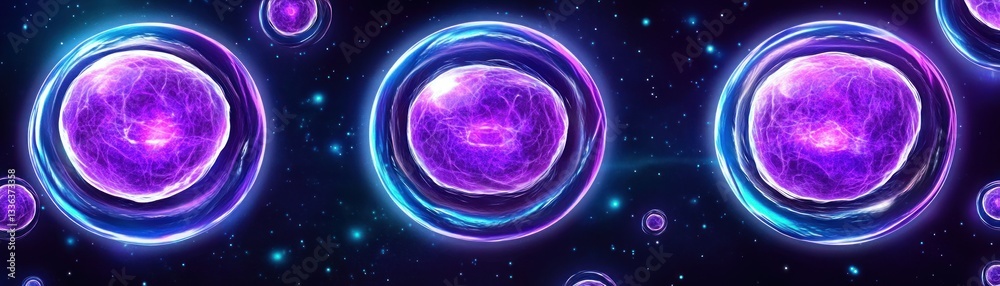 Poster several glowing purple cells floating in a dark space background