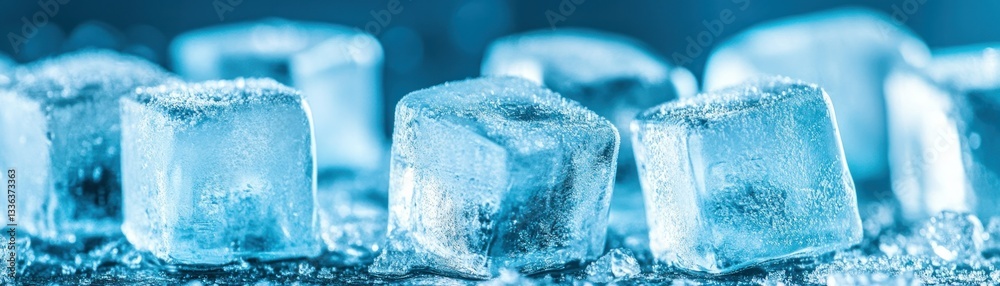 Poster several transparent blue ice cubes sit closely in a row