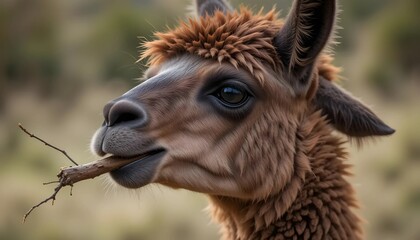 Brown Alpaca Chewing Twig Outdoors