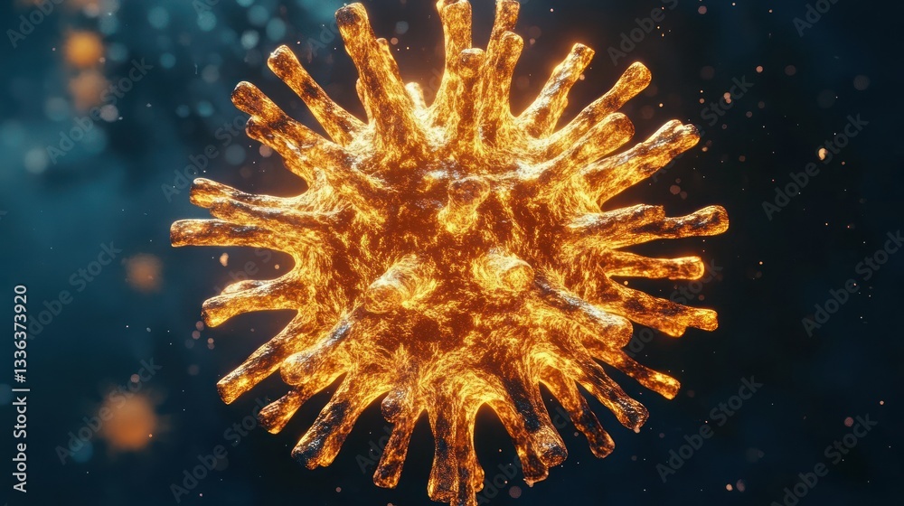 Poster a microscopic rendered image of a viral structure shows details