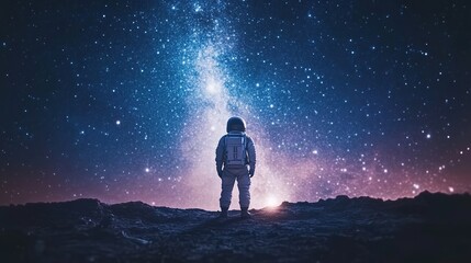 Obraz premium Milky Way rising above Earth's horizon, astronaut gear in foreground, showcasing cosmic wonder. 