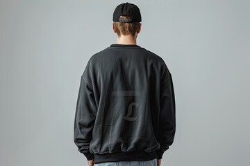 Back view of man wearing black sweatshirt and cap