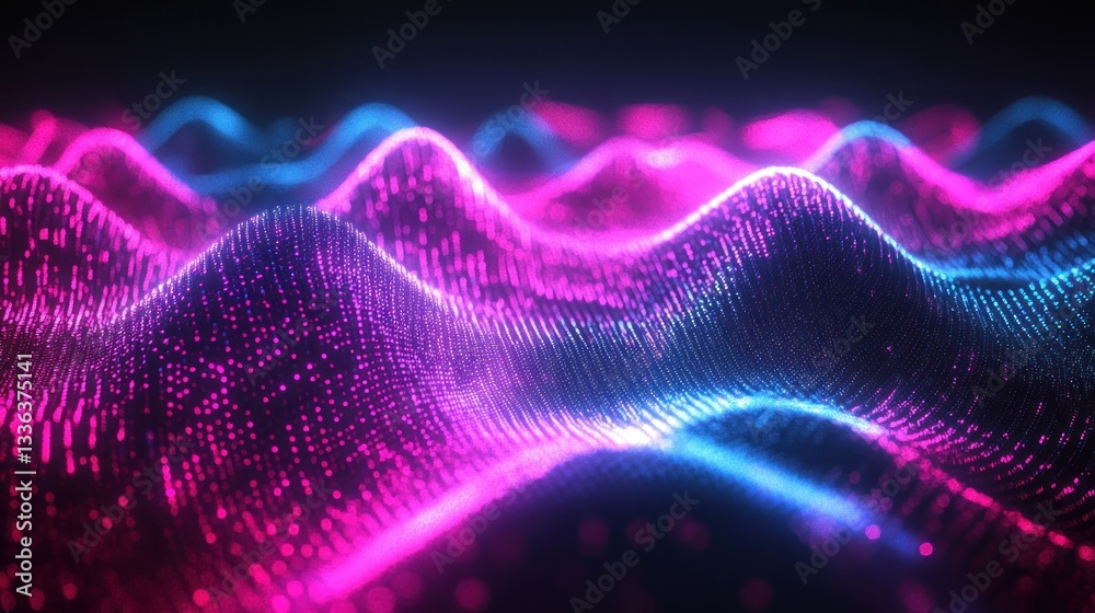 Poster Abstract digital landscape of glowing waves and particle streams