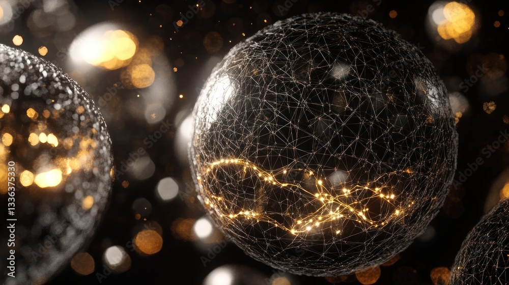 Poster Spherical Network with Glowing Strands Against Bokeh Background