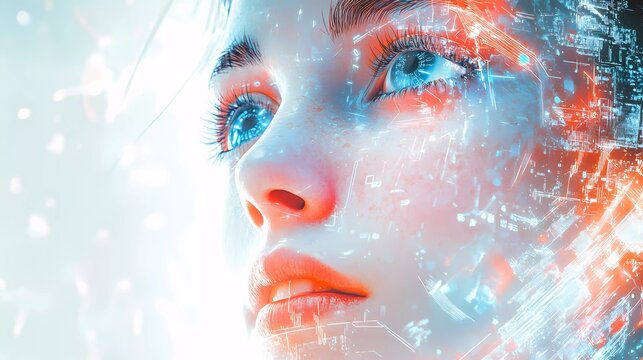 A high-tech cybernetic woman with neon-lit circuits and a digital interface, representing the fusion of humanity and AI in a graphic novel style.