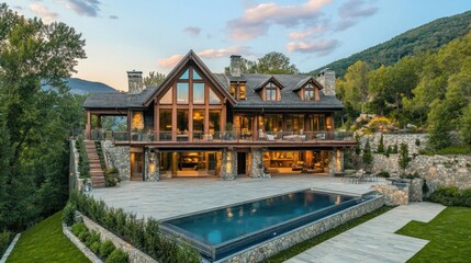 Fototapeta premium A Large Luxury Residence With Pool And Mountain Scenery