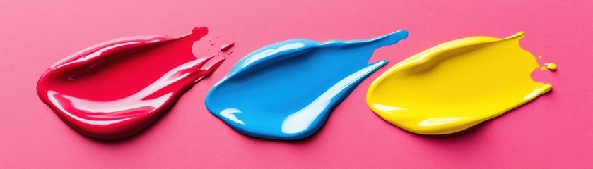 Three vibrant paint strokes of primary colors on pink background