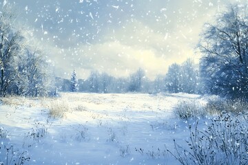 Fototapeta premium Winter landscape of trees and field is covered in snow falling for a Christmas scene