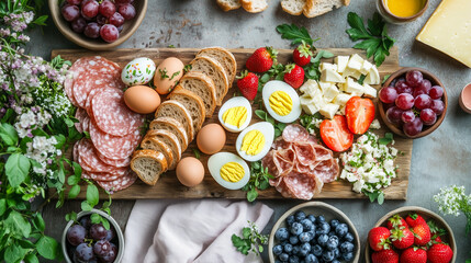 A wooden platter with a variety of foods including bread, eggs, cheese, and fruit. The platter is set on a table with a white cloth and a few bowls of fruit. Scene is inviting and appetizing.