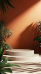 Obraz premium Display Podium with Tropical Leaves and Shadows for Product Showcase