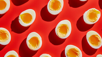 A close up of a red background with a pattern of eggs on it. The eggs are cut in half and have a yellow yolk. The eggs are arranged in a way that creates a sense of depth and texture.