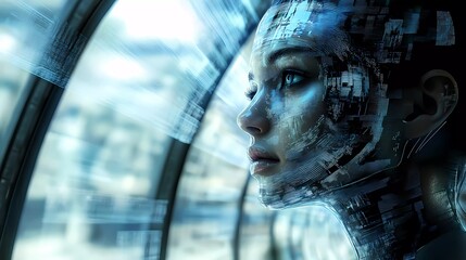 A sleek cybernetic woman with robotic features and a cyberpunk aesthetic, embodying the future of artificial intelligence in a sci-fi book illustration style.