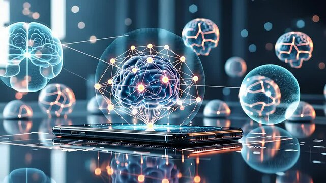 Artificial Intelligence and Neural Network Holographic Interface Emerging from Smartphone in Futuristic Digital Concept


