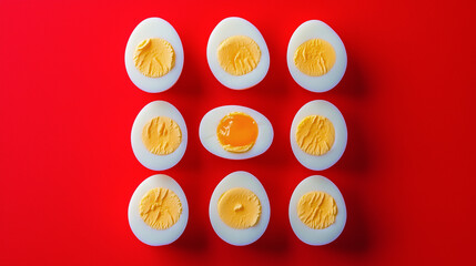 A close up of boiled egg halves with one poached egg in the middle on a red background. The eggs are cut in half and have a yellow yolk. The eggs are arranged in geometric pattern.